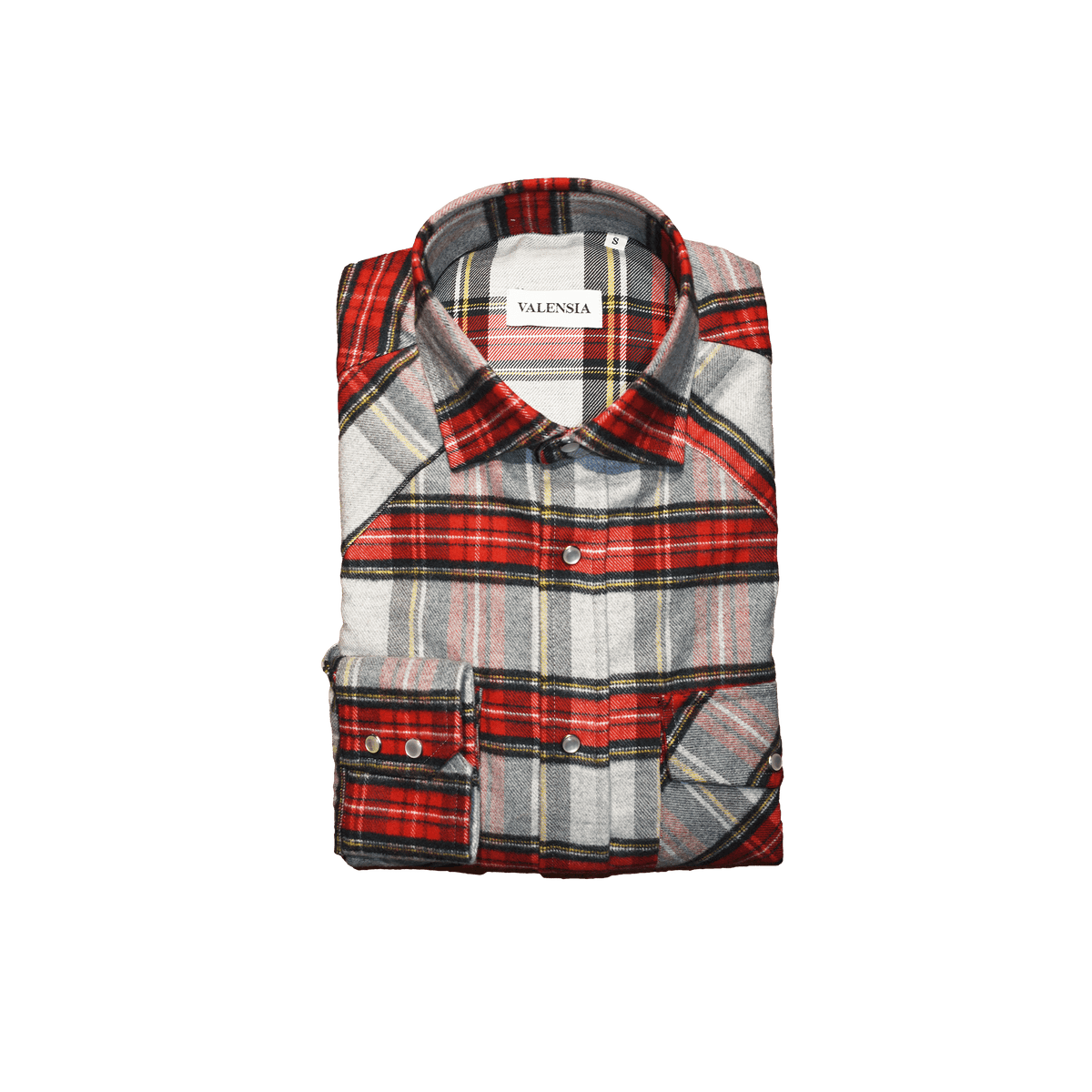 Camicia western in flanella di cotone check rosso e grigio piegata, collo semi francese - Valensia Moda
